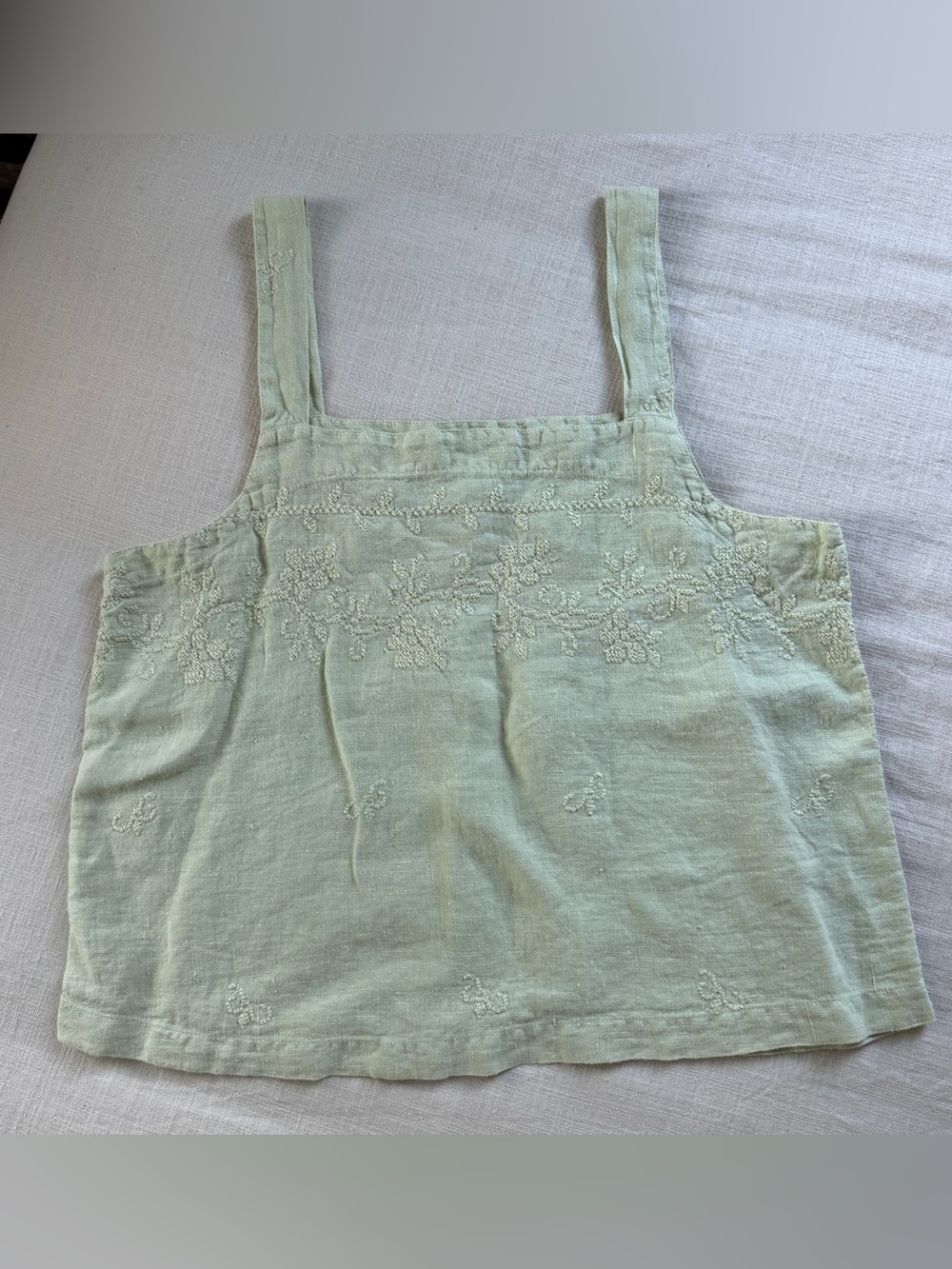 Vintage Via Vai by Pollero 100% Linen Embroidered Tank Top Made USA L Sage Green